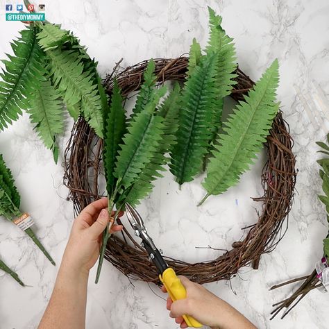 Make a designer fern wreath for less! (I saved $95) | The DIY Mommy Diy Fern Wreath, Fern Wreaths For Front Door, Porch Appeal, Fern Wreath, Dollar Store Finds, Diy Mommy, Crafty Decor, Diy Spring Wreath, Wood Wreath