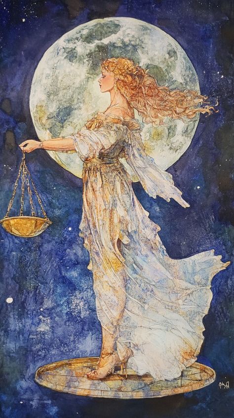 A celestial Libra woman, embodying balance and beauty, illustrated in Alan Bean's ethereal style, blending cosmic hues with serene grace, capturing the harmony of the zodiac. Libra Illustration Art, Libra Sign Aesthetic, Libra Art Goddesses, Libra Sun Aesthetic, Libra Moon Aesthetic, Celestial Oc, Libra Illustration, Libra Goddess, Celestial Woman