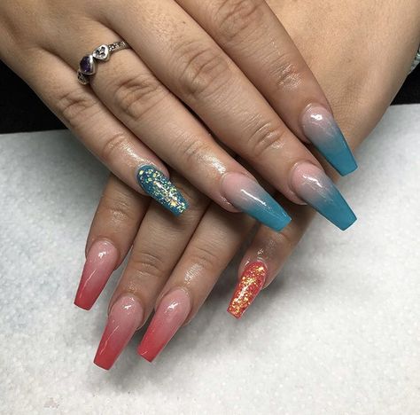 Blue and red ombré nails #sparknails #bluenails #rednails #ombrenails Red And Blue Ombre Nails, Fire And Ice Nails, Nails Red Ombre, Red Ombré Nails, Ice Nails, Acrylic Nail Designs Coffin, Red Ombre Nails, Blue Ombre Nails, Teal Nails