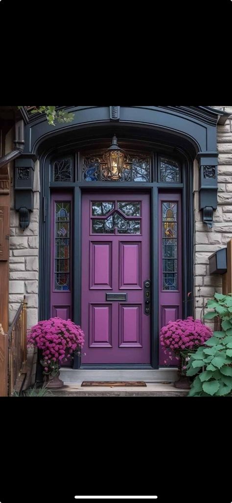 Purple Doors Front House, Doors Colors, House Doors Colors, Brown House Exterior, Spanish Hacienda, Blue Front Door, Purple Door, Porch Doors, Dream Life House