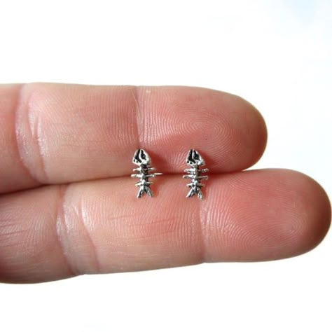 Tiny Sterling Silver Fish Skeleton Earrings, Fish Bone Earrings, Tiny Studs, Tiny Earrings, Sterling Fish Skeleton Earrings, Weird Stud Earrings, Fish Bone Jewelry, Fish Bone Earrings, Cute Tiny Earrings, Cool Earing, Cute Earrings Studs, Fish Skeleton, Fantasy Earrings