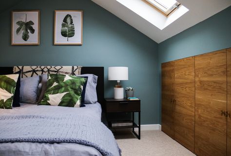 Farrow & Ball Oval Room Blue, palm leaves, calming loft bedroom Attic Bedroom Decor, Loft Rooms, Loft Bedrooms, Loft Conversion Bedroom, Loft Extension, Bedroom Colours, Room Improvement, Renovated House, Plant Inspiration