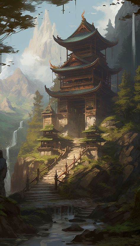 Discover this alluring illustration of a secluded temple perched atop a hill, accessible by a grand staircase, embraced by a lush, ancient forest. Marvel at the exquisite gateway and the majestic snow-capped mountains in the distance, celebrating the harmony of spirituality and nature's grandeur. Perfect for a mobile wallpaper or background. Swamp Town, Mountain Jungle, Temple Wallpaper, Hidden Temple, Jungle Temple, Fantasy Cities, Silent Witness, Japan Temple, Japanese Forest