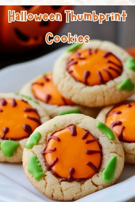 Halloween Thumbprint Cookies Bang Bang Chicken, Magic In The Air, Orange Food Coloring, Dark Chocolate Ganache, Scream Halloween, Cookies Sugar, Sweet Dough, Spooky Treats, Black Food