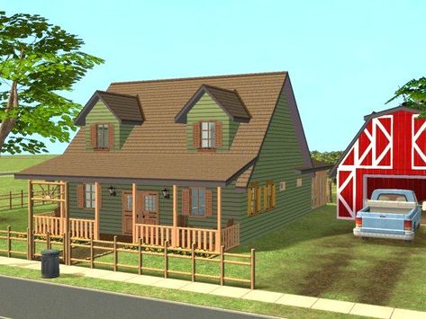 Mod The Sims - Family Farmhouse for up to 5 sims :) The Sims 2 Houses, Sims 2 House, The Sims 2, Country Lifestyle, Sims House Plans, Spiral Stairs, Sims 1, Green Wood, Outdoor Lanterns