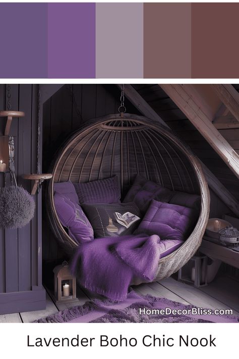 Boho Chic: Lavender Reading Nook with Hanging Wicker Chair Reading Nook Room, Hanging Wicker Chair, Chic Reading Nook, Chic Boho Living Room, Wicker Accents, Chic Living Room Design, Living Room Design Boho, Purple Cushions, Boho Chic Living Room