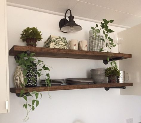 Long Wall Shelves, Long Floating Shelves, Dining Room Shelves, Floating Shelves Living Room, Shore House, Farmhouse Shelves, Rustic Floating Shelves, Study Nook, Plant Display