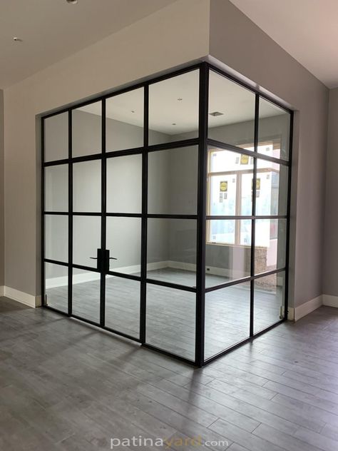 Glass Enclosed Bedroom, Glass Panels Wall Interiors, Folded Glass Door, Small Home Office Glass Door, Glass Office Home, Glass Room In House, Glass Wall And Door Office, Home Gym Glass Wall, Plexiglass Wall Divider