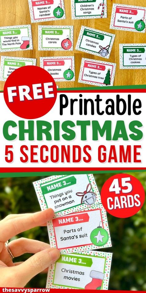 This free printable 5 seconds Christmas game is one of the best Christmas party games to play at your holiday parties this year! Just grab the free printable Christmas game cards, cut them out, set a timer, and you're ready to play. Perfect for a large group, this think fast holiday game is fun for all ages - for kids just allow them 10 or 15 seconds instead of 5. Diy Family Games For Christmas, Christmas Games For Pre Teens, 5 Second Christmas Game Free Printable, Christmas Game For Class Party, Free Printable Christmas Party Games For Adults, Christmas Party Games For 2nd Grade, Christmas Birthday Games, Funny Holiday Party Games, Christmas Games For 3rd Grade