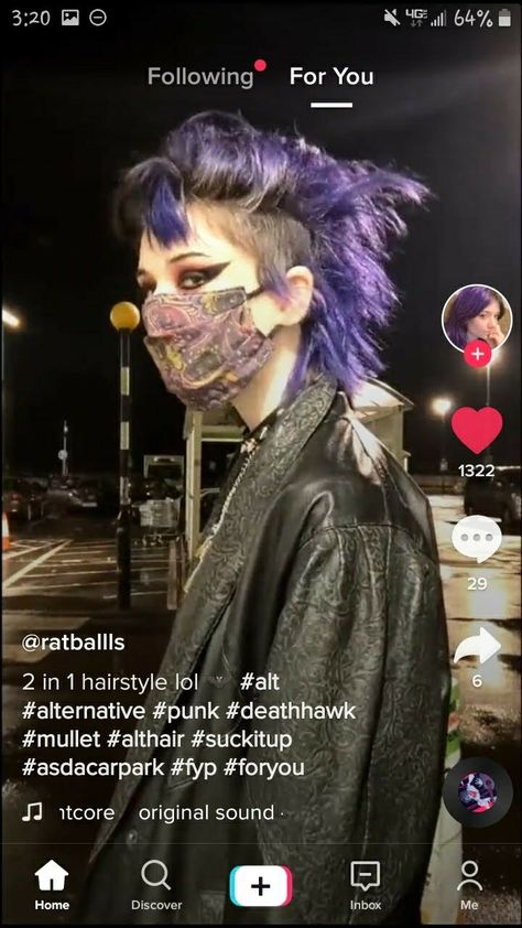 Deathhawk Down, Split Dye Mohawk, Grunge Mullet Shaved Sides, Unstyled Deathhawk, Unstyled Mohawk, Baby Bangs Mullet, Transmasc Haircut Round Face, Purple Alt Outfit, Deathhawk Hairstyles