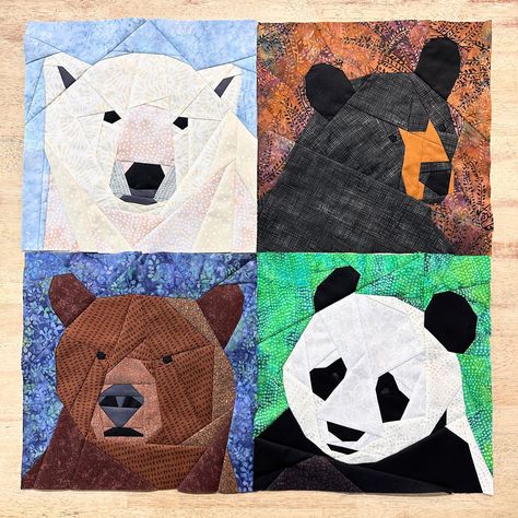 "A modern paper piecing quilt block set. Polar Bear FPP--Level of Difficulty: Easy/Moderate (2-3) Black Bear FPP--Level of Difficulty: Easy/Moderate (2-3) Grizzly Bear FPP--Level of Difficulty: Easy/Moderate (2-3) Panda Bear FPP--Level of Difficulty: Moderate (3) Each block finishes at 12\" x 12\" Instant downloadable pattern includes: *Finished Product Image *Mirrored Image for Piecing *Piecing Order Instructions *Pattern pieces--1 set of blank pieces you can write your own numbers on, and 1 set of pieces with color indicators *Color Chart Pattern pieces include 1/4\" seam allowance.  All patterns have been personally tested. For additional patterns please check out my shop: LoverOfLifeDesigns.etsy.com Level difficulty reference: 1: Easy--beginner friendly, fewer sections, easy piecing 2: Black Bear Quilt, Polar Bear Quilt Pattern, Bear Quilt Block, Panda Quilt, Mosaic Animals, Bear Quilts, Animal Quilts, Quilt Block Pattern, Paper Piecing Patterns