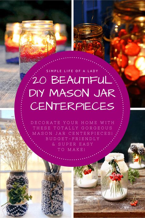 Looking for a new home decor inspiration? Try these totally gorgeous mason jar centerpieces! These are all super easy to make, and budget-friendly too! Diy Mason Jar Centerpieces, Decorating With Mason Jars, Purple Mason Jars, Mason Jar Gifts Diy, Personalized Mason Jars, Diy Mason Jar, Farmhouse Centerpiece, Mini Mason Jars, Jar Centerpieces