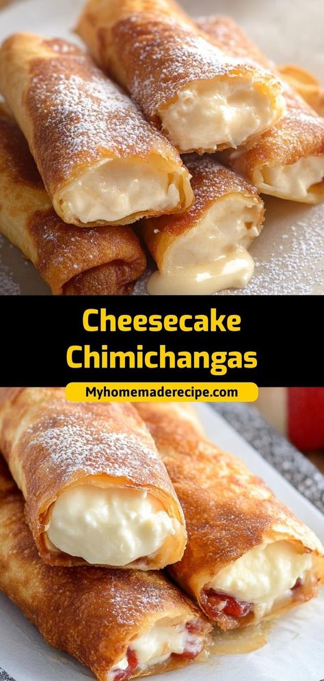 These crispy, golden chimichangas are filled with creamy cheesecake and dusted with cinnamon sugar. A sweet, indulgent dessert perfect for any occasion! Ingredients: 8 oz cream cheese 4 small tortillas ½ cup sugar 1 tsp cinnamon Cheesecake Chimichangas, Tortilla Dessert, Cinnamon Sugar Tortillas, Chimichanga Recipe, Tortilla Shells, Cream Cheese Desserts, Cheesecake Ice Cream, Light Desserts, Sweet Treats Recipes