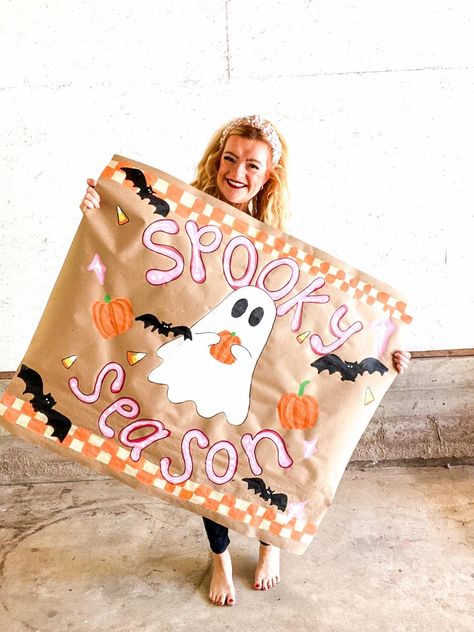 Spooky Halloween Hand Painted Banner - Etsy Halloween Brown Paper Banner, First Day Of School Banner Painted, Preppy Halloween Party, Halloween Painted Banner, Brown Paper Signs, Halloween Banner Ideas, Halloween Party Backdrop, Painted Banner, Halloween Banners