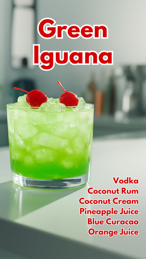 Green Iguana Coconut Liquor Recipes, Green Alcoholic Drinks, Mixed Drinks Alcohol Recipes, Coconut Cocktails, Green Cocktails, Coconut Rum Drinks, Cocktail Cards, Vodka Cocktails Easy, Pretty Alcoholic Drinks