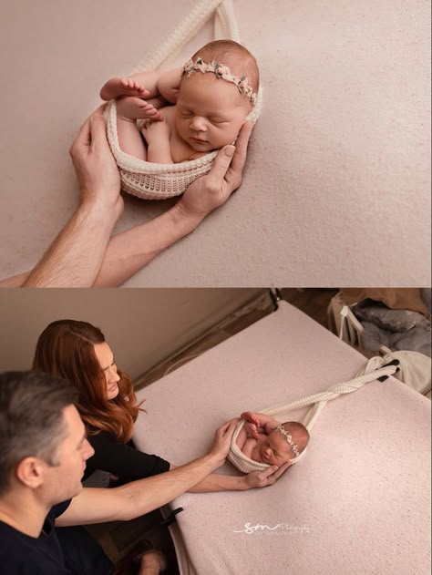 Newborn Hammock Pose, Cat Scratcher Newborn Photography, Newborn Hammock Photography, Diy Photo Props Newborn, Bean Bag Newborn Photography, Newborn Photo Set Up, Newborn Photography Hacks, Newborn Basket Pictures, Newborn Posing Table