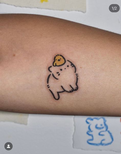 Simply Cute Tattoos, Possum Tattoo Cute, Wholesome Tattoos, Small Ghibli Tattoo, Cat Doodle Tattoo, Colorful Cat Tattoo, Silly Tattoos, Grunge Tattoos, Cute Tattoo Ideas