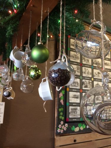 Holiday Decor in a Fresno Coffee Shop  [photo by perkyNbLue] Christmas Decor Ideas For Cafe Shop, Christmas Coffee Decorations, Coffee Shop Christmas Decor Diy, Christmas Caffe Decorations, Christmas Decor Ideas For Cafe, Christmas Decorations Coffee Shop, Coffee Christmas Decorations, Christmas Decor Ideas Coffee Shop, Christmas Decor For Coffee Shop