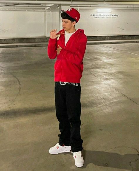 Red Hoodie Outfit Men, Male Club Outfits, New Era Cap Outfit Men, Hard Outfits, Red Hoodie Outfit, Takuache Outfits Guys, Y2k Outfits Men, Drippy Fits, Hoodie Outfit Men