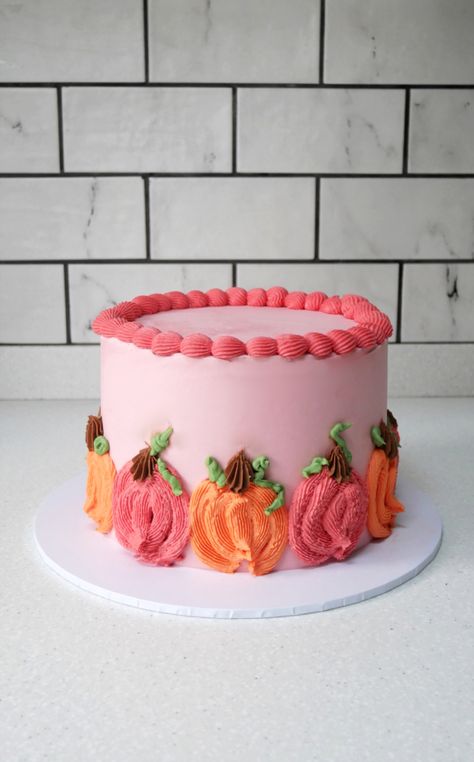 An autumnal birthday cake decorated with pink and orange buttercream pumpkins | Autumn birthday cake | Fall birthday cake | Green Kitchen Cakes | Bespoke Wedding and Celebration Cakes November Birthday Cakes For Women, Pink Pumpkin Birthday Cake, October Birthday Cakes For Women, Pumpkin Birthday Cake Girl, November Birthday Cake Ideas, Fall First Birthday Cake, Pumpkin Patch Birthday Cake, Pumpkin Decorated Cake, Buttercream Pumpkins