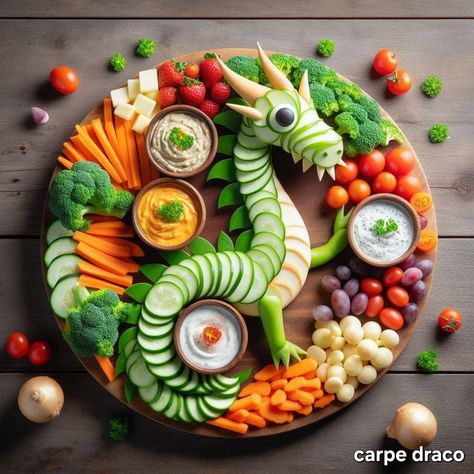 Linda Mooney's Other Worlds of Romance: Dragon Charcuterie Dragon Themed Fruit Tray, Dragon Veggie Tray, Dragon Charcuterie Board, Dinosaur Veggie Tray, Pretty Salads, Christmas Decor Ideas For Bedroom, Decor Ideas For Bedroom, Baking Photography, 8 Birthday