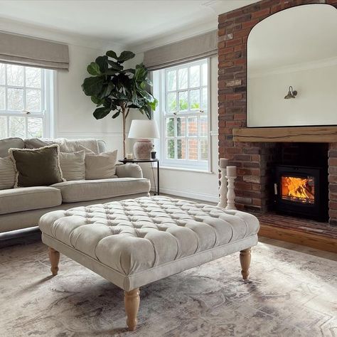 Cream Chesterfield Sofa, Chesterfield Sofa Living Room, Fire Surrounds, Cosy Evening, Small Stove, Cast Iron Door, Large Window, Living Room Bench, Iron Door