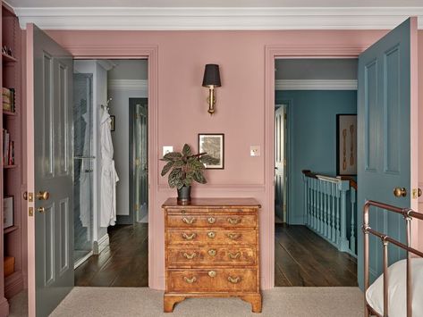 Pink Walls And Ceiling, Pink Baseboards And Trim, Pink Paint Living Room, Mint Bedroom Walls, Dark Pink Walls, Pale Pink Bedroom Walls, Maximalism Room, Pink Bedroom Walls, Pink Ceiling