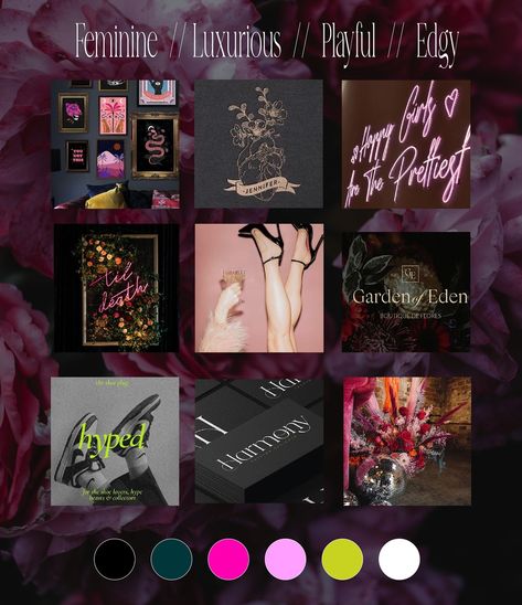 This branding I’m working on is a whole vibe! 😍🖤🩷 [branding, branddesigner, moodboard, beautybrand, colorpalette] Moody Brand Color Palette, Moody Branding Board, Gothic Branding, Branding Design Inspiration Mood Boards, Dark Branding, Branding Moodboard, Edgy Branding, Wild Feminine, Bohemian Grunge