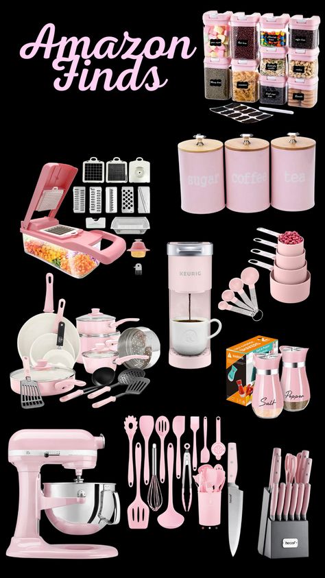 Pink Grey And White Kitchen Ideas, Pink Amazon Finds, Pink Kitchen Accessories, Pink Home Accessories, Pink Apartment, Amazon Favs, Pink Kitchen Decor, Black And Gold Theme, Kitchen Breakfast Nooks