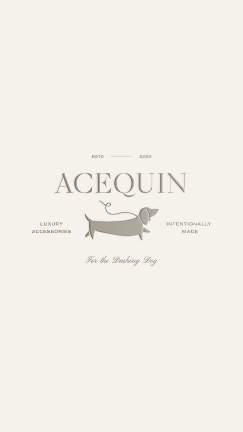 Logo and type lockup design for London dog accessories brand Acequin with an illustration of a dog with a lead and the name of the brand. The logo is created in grey, blue, white and black and set on a beige background Dog Brand Identity, Pet Brand Identity, Old Money Branding, Pet Brand Logo, Dog Business Logo, Old Money Dog, Type Lockup, Elegant Brand Identity, Dog Logos