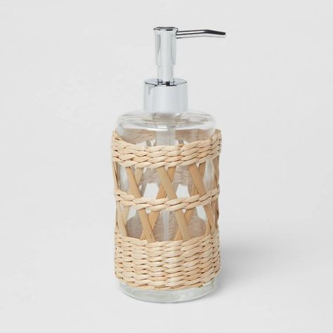 Woven and Glass Soap Pump Natural - Threshold™ | Target Boho Soap Dispenser, Wicker Bathroom Decor, Target Bathroom Decor, Space Gender, Florida Bathroom, Modern Toilet Paper Holders, Black Towel Bar, Bathroom Canisters, Woven Trays