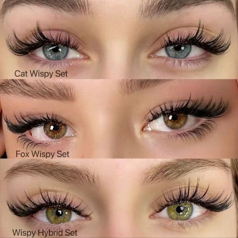 Hybrid Lashes Styles, Eyelashes For Downturned Eyes, Wispy Doll Lashes, Lash Extension Fox Eye, Eyelash Extensions Styles For Round Eyes, Almond Lash Extensions, Different Eyelash Styles, Lash Set Ideas, Different Lash Sets