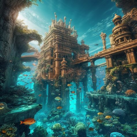 Minecraft Underwater, Lost City Of Atlantis, Water Fairy, Ancient Indian Architecture, Underwater City, Sea Life Art, Water Aesthetic, My Fantasy World, Mermaid Dreams