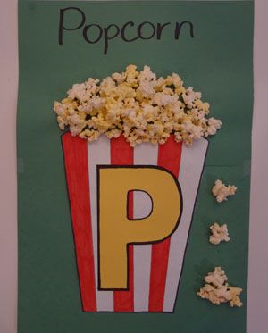 letter p pocorn craft. you may use real or fake popcorn pieces. for each correct /p/ production, give the child a piece to glue on . you may also allow the child to color in the container stripes P Letter Activities For Preschool, Letter P Craft For Preschoolers, Dayhome Activities, Popcorn Craft, Fake Popcorn, Abc Projects, Snowflakes Craft, Popcorn Crafts, Letter P Crafts