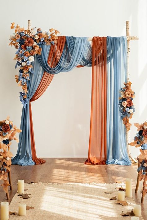 Blue And Burnt Orange Wedding Theme, Orange Wedding Backdrop, Orange Wedding Themes, Multicolor Wedding, Burnt Orange Weddings, Moon Wedding, Wedding Colour, Blue Themed Wedding, Wedding Reception Dress