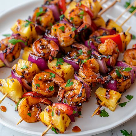 Tropical Shrimp, Honey Shrimp, Pineapple Shrimp, Pineapple Skewer, Seafood Dish Recipes, Grilled Shrimp Skewers, Juicy Shrimp, Shrimp Skewers, Pineapple Recipes