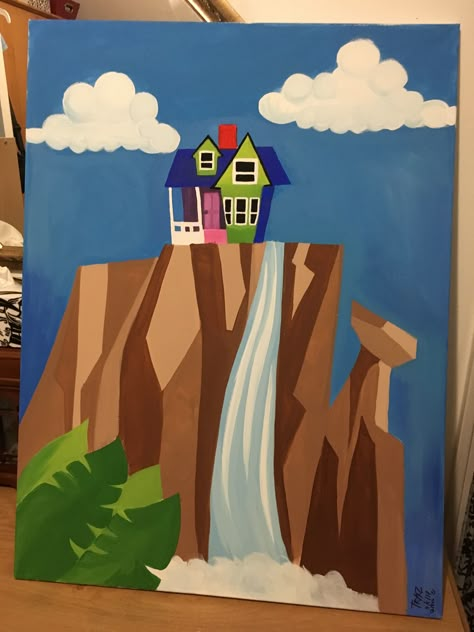 Aesthetic Disney Painting, Paintings From Movies, Paradise Falls Up, Up Acrylic Painting Disney, Disney Theme Painting, Disney Painting Ideas On Canvas Easy, Up Painting Disney Easy, Simple Cool Paintings, House From Up Painting