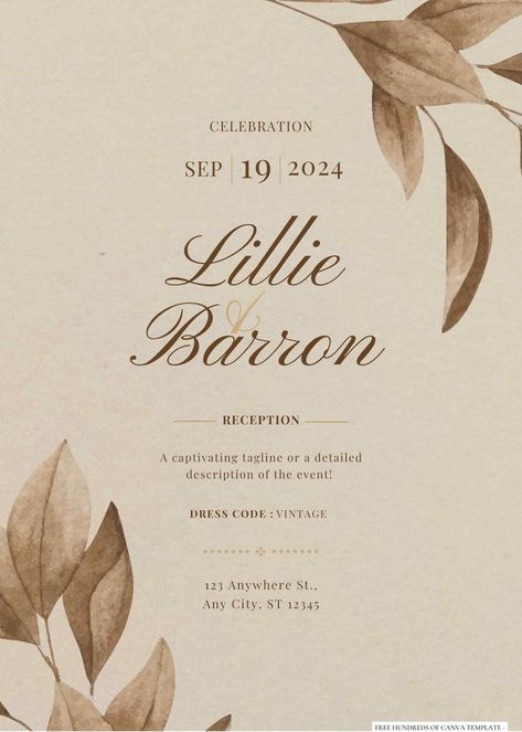 Get 18+ Vintage Leaf Brown Watercolor Canva Wedding Invitation Templates If you're looking for an invitation style that is both timeless and trendy, then vintage modern wedding invitations are the perfect choice. These Vintage Leaf Brown Watercolor  invitations feature a r... Brown Invitation Card, Vintage Modern Wedding Invitations, Modern Vintage Wedding Invitations, Vintage Modern Wedding, Brown Invitation, Brown Wedding Invitations, Brown Watercolor, Elegant Wedding Invitation Card, Canva Wedding