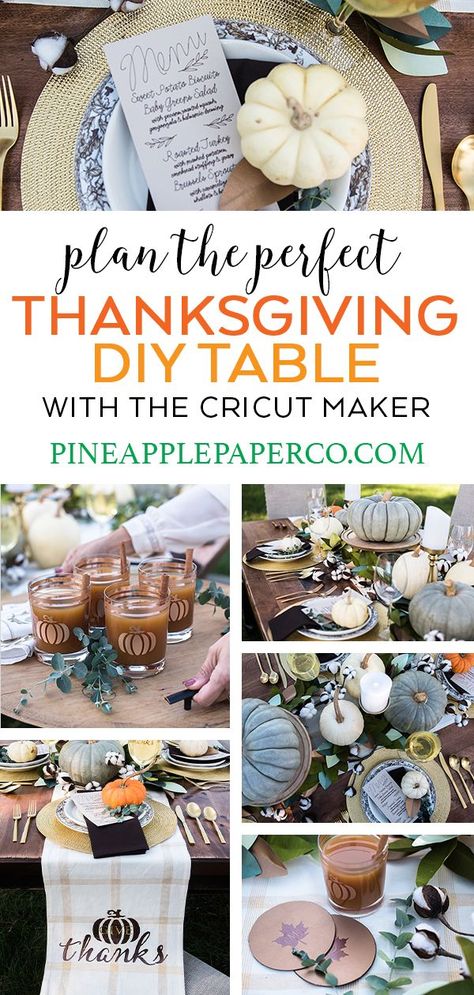 Decorate a Thanksgiving Dinner Table with DIY Decor using a Cricut Maker by Pineapple Paper Co. #thanksgivingtable #friendsgivingtable #thanksgivingideas #friendsgivingideas #friendsgivingparty #friendsgivingdecorations #thanksgivingdecorations #cricut #ruemag Centerpieces Ideas Diy, Thanksgiving Table Crafts, Perfect Thanksgiving Dinner, Thanksgiving Decorations Table Setting, Cricut Decor, Thanksgiving Decorations Diy Table, Thanksgiving Dinner Table Decorations, Fall Dining Table, Friendsgiving Decorations