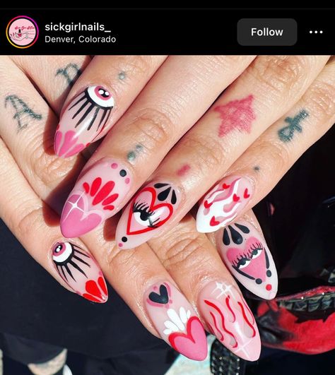 Design Tip Nails, Rbd Inspired Nails, Dagger Nail Art, Tattoo Nails Designs, Nail Flower Designs Easy, Nails Done Aesthetic, Alternative Nails Designs, Sacred Heart Nails, Mexican Inspired Nails