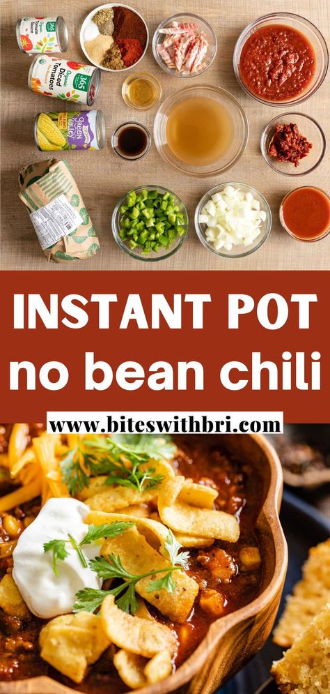 This Instant Pot Chili (No Beans) is super hearty and perfect for the colder months ahead. It cooks for less than 30 minutes, yet tastes like it has been simmering for hours. This recipe has chipotle peppers, adobo sauce, and bacon for a rich and smokey flavor. Corn is totally optional, but adds some nice sweetness and texture. Instant Pot Chili Beans Recipe, Beanless Chili Recipe Instant Pot, Chili Recipe Instant Pot No Beans, Instant Pot Chili No Beans, Instant Pot Chili Dried Beans, Chili Instant Pot No Beans, Instant Pot No Bean Chili, Chili Recipe No Beans, 21 Day Fix Chili