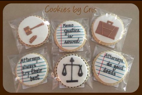 Attorney & lawyer themed cookies. Scales of justice, briefcase & gavel. Bento Cake For Lawyer, Lawyer Cookies, Law School Cookies Decorated, Lawyer Cookies Decorated, Lawyer Cookies Royal Icing, Lawyers Cake Ideas, Judge Cookies Decorated, Scales Of Justice Cookies, Graduation Treats