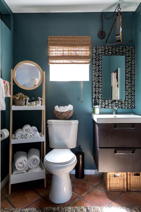 The color black will always be a classic, but many almost-black colors create the same timeless vibe in your home. If you love black, but can't fully commit, try these colors instead. Dark Teal Bathroom, Teal Bathroom Accessories, Industrial Modern Design, Teal Bathroom, Powder Room Design, Alternative Metal, Industrial Modern, Small Bathrooms, Gold Interior