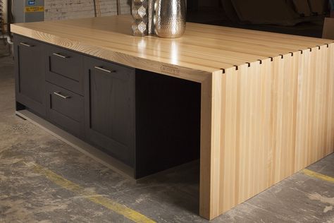 Butcher Block Waterfall, Ikea Butcher Block Countertops, Ikea Kitchen Countertops, Diy Butcher Block Countertops, Ikea Butcher Block, Kitchen Island Furniture, Dining Area Decor, Butcher Block Island Kitchen, Ikea Kitchen Island