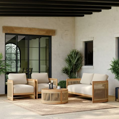 4PCS Teak Outdoor Sofa Set Boho Yard & Patio Furniture for 4 Person in Beige & Brown Cushion & Pillow Included Patio With Table And Seating Area, Outdoor Patio Set Up, Patio Sofa Outdoor, Transitional Outdoor Furniture, Modern Spanish Hacienda, Outdoor Modern Furniture, Covered Patio Furniture, Boho Yard, Rope Outdoor Furniture