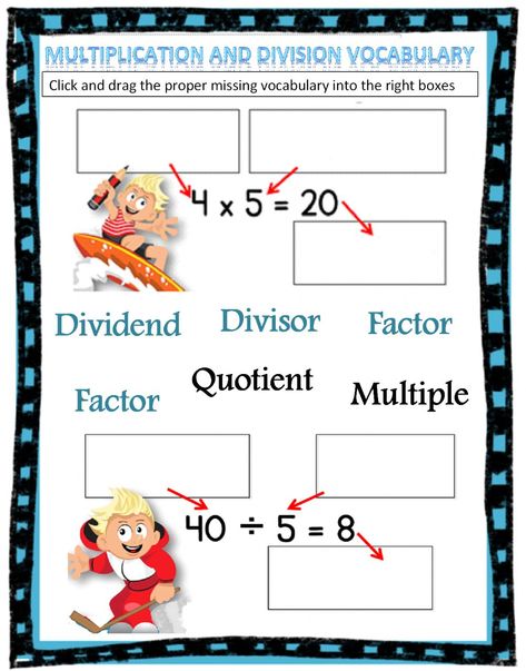 Multiplication and Division Vocabulary - Interactive worksheet Multiplication Vocabulary, Division Vocabulary, Division Facts Worksheets, Touch Point Math, Love U Papa, Multiplication And Division Worksheets, Division Facts, Division Worksheets, Math Interactive