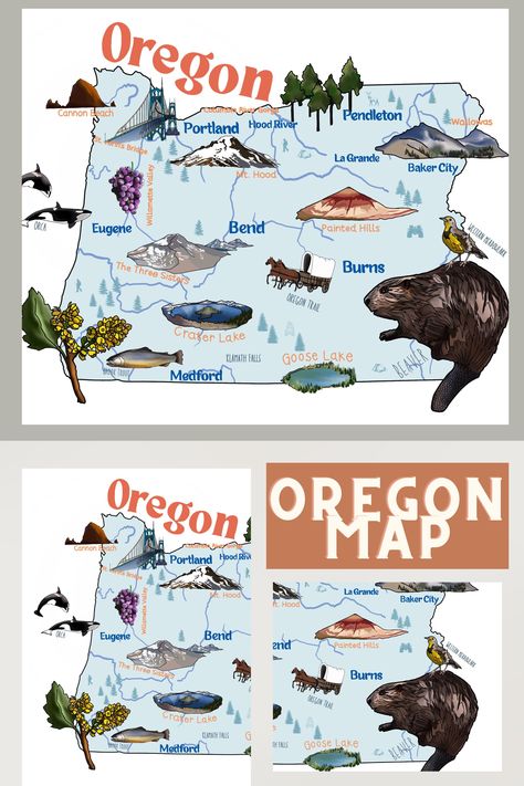 Oregon Symbols, Portland Oregon City, Medford Oregon, Oregon Map, Pacific Northwest Travel, Oregon City, Map Projects, Painted Hills, City Drawing