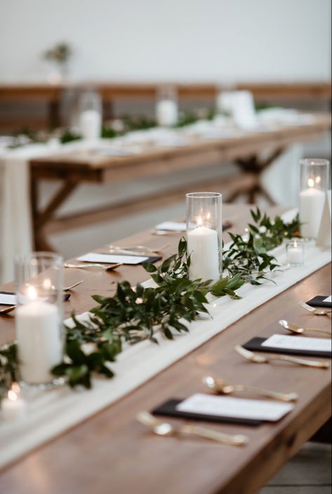 table setting Rectangular Table Florals Wedding, Sage Cheesecloth Table Runner Wedding, Bar Table Wedding Decor, No Flowers Wedding Decor, Simple Indoor Wedding Reception Decorations Table Settings, Simple Long Table Wedding Decor, Long Table Set Up, Wooden Tables Wedding, Rectangle Table Wedding Layout