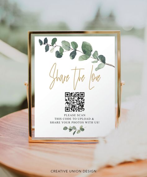 "Your guests will love easily sharing their photos of your wedding with this QR code Share The Love sign! Easy to edit and print! No special software required! PLEASE NOTE: This purchase is for a digital template. No physical item will be shipped. * * * * * TRY BEFORE YOU BUY * * * * * https://www.corjl.com/d/386LK1 * * * * * MATCHING ITEMS * * * * * For all of our beautiful coordinating items, go to our shop page and search by typing: Eucalyptus Or simply click here: https://tidd.ly/3jZ7YH6 * * Wedding Table Numbers Qr Code, Sign Table Wedding Decoration, Wedding Photo Spot For Guests, Scan Qr Code Wedding, Share Your Photos Wedding Sign, Qr Codes For Wedding Photos, Scan Here Qr Code Design, Qr Code Wedding Photo Sharing, Wedding Photo Qr Code Sign