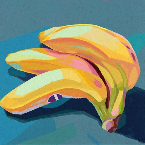 Melonape/Mel (@melonape) • Instagram photos and videos Banana Oil Painting, Fruit Painting Ideas, Orange Painting Ideas, Blocky Art, Nutrition Art, Art Food Painting, Acrylics Ideas, Banana Painting, Object Painting